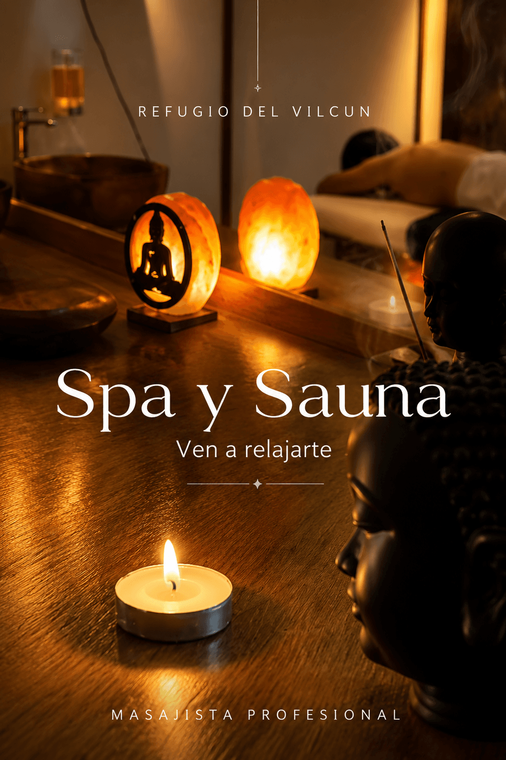 Rincón de spa con lámparas de sal, velas encendidas y aceites